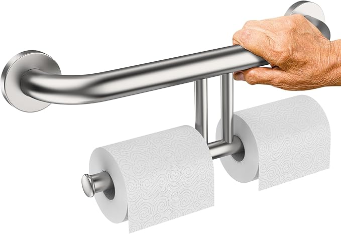 Grab Bar w/Double Toilet Paper Roll Holder Brushed Nickel, iHansee Stainless Steel Shower Support Balanced Support Handle, Wall Mounted Safety Handrail Grab Rail for Elderly Senior Handicap Disabled