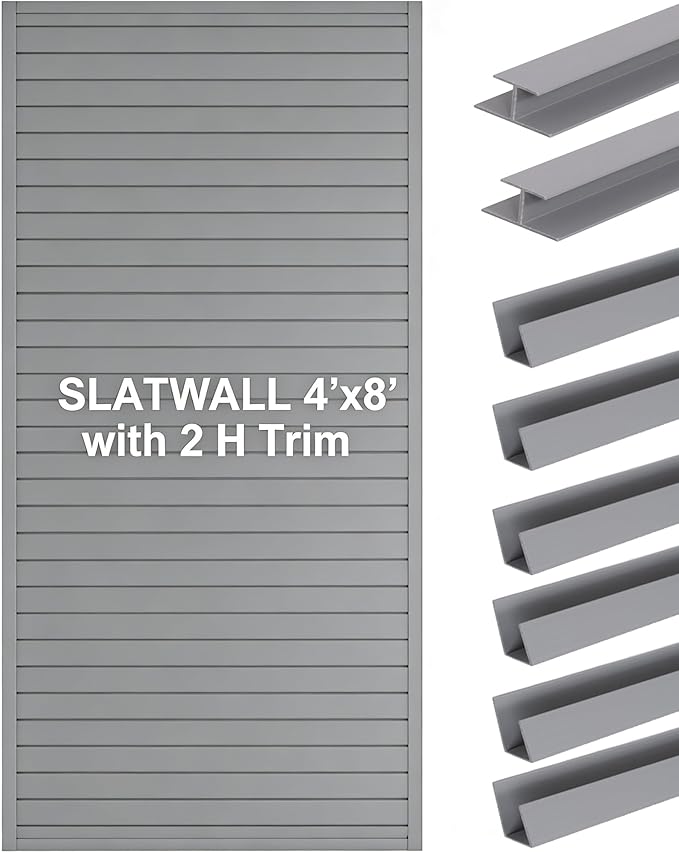 FRAYSCENT Slat Wall Paneling Garage Wall Organizer, Slatwall Panels Garage Tool Organizer Wall Mount Garage Slat Wall Storage Systems, Slat Board PVC Wall Panels (Gray, 8ftx4ft with 2H Trim)
