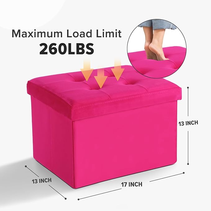 LINMAGCO Storage Ottoman Folding Foot Stool Velvet Foot Rest with Padded Modern Ottoman with Storage for Living Room Puppy Step Stool 17x13x13in(ROSEO)