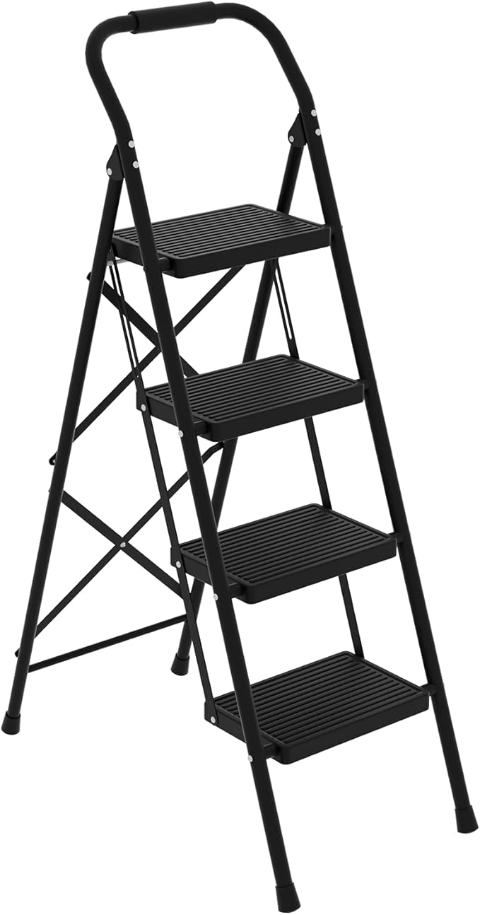 Step Stool for Adults,4 Step Ladder Folding 330lbs Anti Slip Step Ladder,Foldable Ergonomic Step Stool with Wide Pedal for Home, Kitchen, Office (Sliver)