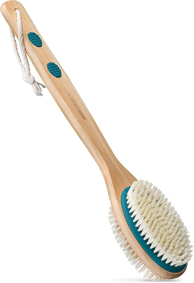 MainBasics Back Scrubber Shower Brush Long Handle Dual Sided Body Brush with Exfoliating Soft Bristles for Back Scrubbing Deep Cleaning and Body Wash (Teal)