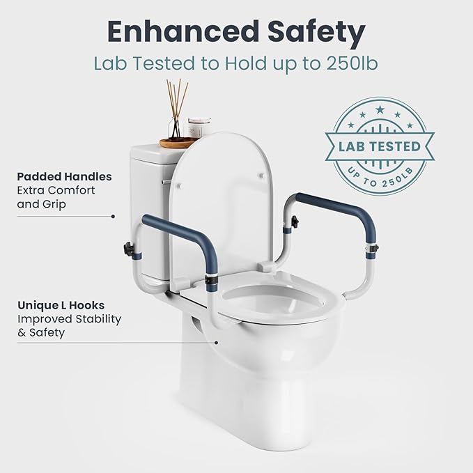 PELEGON Toilet Safety Rails (250lb) - Adjustable Toilet Safety Rails, Toilet Bar for Elderly Adults, Toilets Rails for Seniors, Toilet Seat with Handles for Elderly & Disabled Toilet Grab Bar - 1 Pack