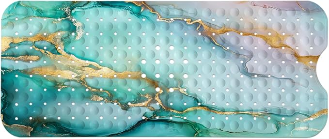 LNOND Marble Bath Tub Mat Non Slip, Extra Long 40 X 16 Inch Anti Slip Mat for Bathtub, Green Marble Shower Mat with Drain Holes and Suction Cups, Machine Washable