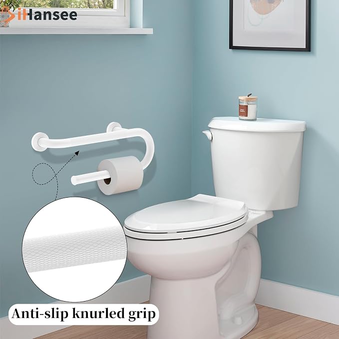 𝐔𝐩𝐠𝐫𝐚𝐝𝐞𝐝 Toilet Grab Bars 16 Inch - Toilet Paper Holder Grab Bar Stainless Steel Knurled Toilet Grab Bars for Seniors Bathtub Bathroom Rails for Elderly Bath Safety Balance Support, White
