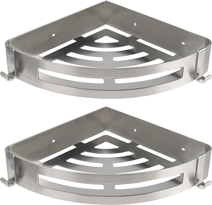 NearMoon Bathroom Shower Caddy 2 Pack, 304 Stainless Steel Shower Organizer with 2 Hooks, No Drill (Corner Shelf, Brushed Nickel)