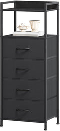 Somdot Nightstand with 4 Drawers, Vertical Storage Tower Fabric Dresser for Bedroom, Night Stand Bedside Table Furniture, Sturdy Steel Frame, Wooden Top & Easy Pull Fabric Bins, Black