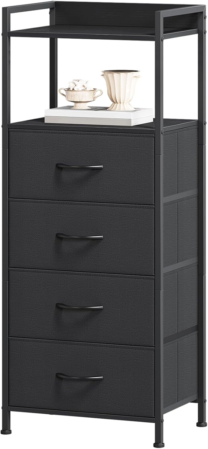 Somdot Nightstand with 4 Drawers, Vertical Storage Tower Fabric Dresser for Bedroom, Night Stand Bedside Table Furniture, Sturdy Steel Frame, Wooden Top & Easy Pull Fabric Bins, Black