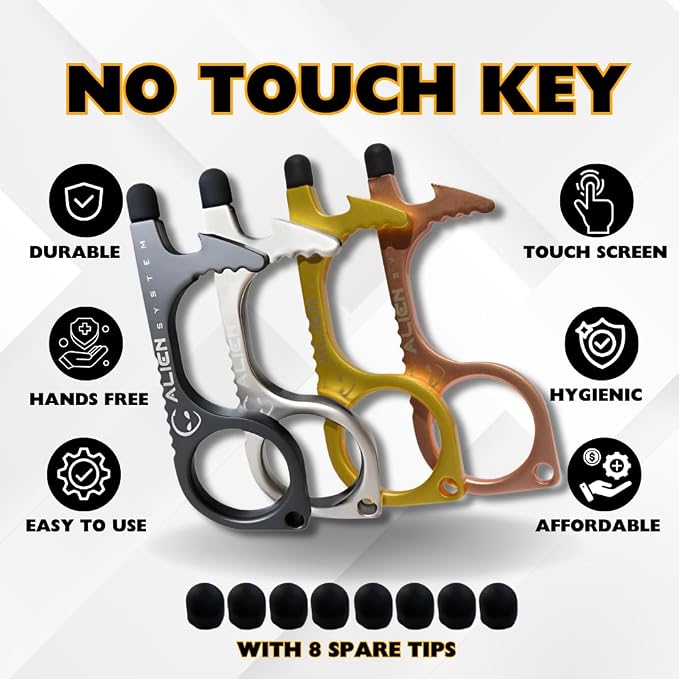 No Touch door opener tool - Premium Touchless key tool - No touch key - by Alien System (Silver Pearl + Gun Grey + Gold + Rose Gold, 4 pack Large)
