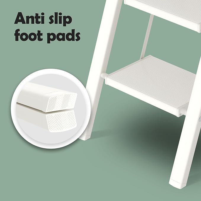 Taranta 3 Step Ladder,Aluminum Lightweight Folding 3 Step Stool with Anti-Slip Wide Pedal,330lbs Capacity Step Ladder for Household,Kitchen,Office - White