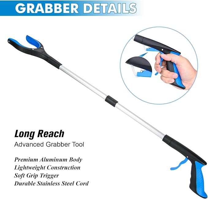 2-Pack Grabber Reacher Tool & Reacher Grabber Pickup Tool,32 inch Upgrade Foldable Grabber Tool with 4 inch Wide jaw and 360° Rotating Head,Mobility Aid Assist Grabbers for Seniors (Blue)