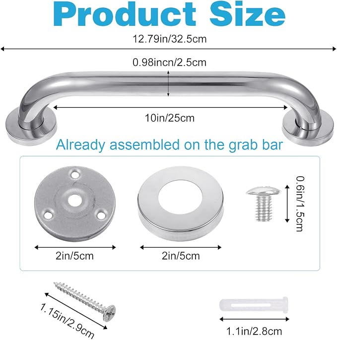 10 Pack Shower Grab Bars for Bathtubs and Showers – Stainless Steel Safety Handrails for Elderly, Seniors, and Handicap – Anti-Slip Bathroom Assist Handle (12.79”, Silver)