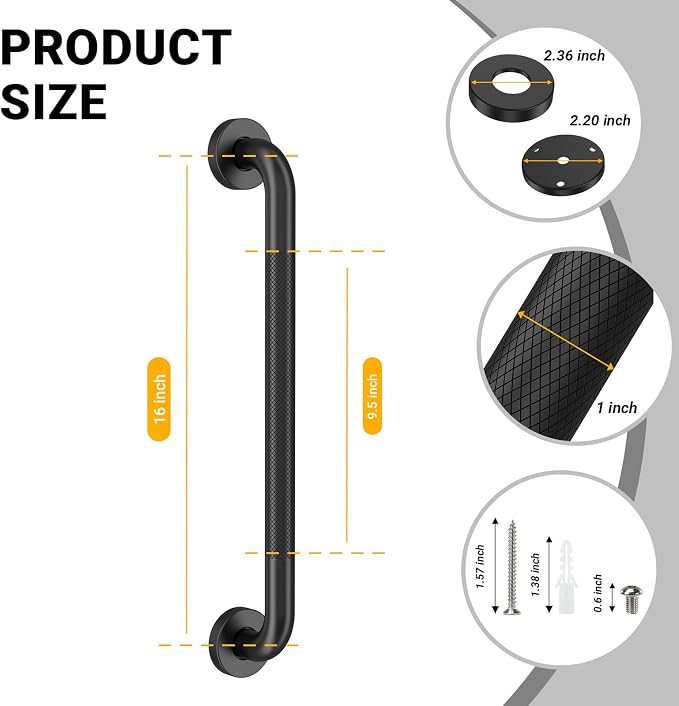 Anti Slip Grab Bars for Shower Black, Safety Textured Grip Shower Grab Bars for Seniors, Holds up to 500LBs, Knurled Handicap Grab Bars for Wall with Concealed Screws, 16 Inch