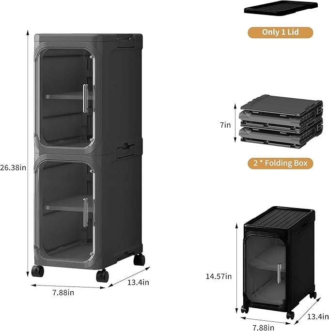 2-Tier Narrow Storage Cabinet, Slim Bathroom Storage Cabinet with Adjustable Shelves and Wheels, Narrow Organizer for Small Space, Bathroom, Kitchen, Laundry, Black