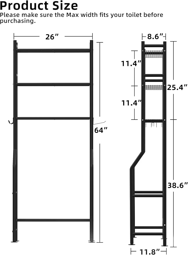 Livilord 3-Tier Over The Toilet Storage, Freestanding Metal Bathroom Shelves with 4 Hooks, Over Toilet Storage Shelf with Paper Holder, Above The Toilet Shelf for Bathroom Storage, Black