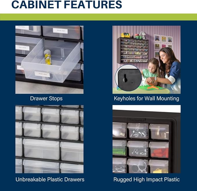 Akro-Mils 44-Drawer Plastic Drawer Storage Cabinet for Garage Organization, Bead Organizer, Building Bricks Storage, Teacher Toolbox, Makeup Organizer, 20-Inch W x 6-Inch D x 16-Inch H, 10144 White