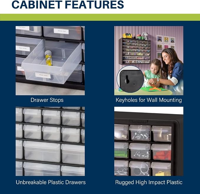 Akro-Mils 44-Drawer Plastic Drawer Storage Cabinet for Garage Organization, Bead Organizer, Building Bricks Storage, Teacher Toolbox, Makeup Organizer, 20" W x 6" D x 16" H, 10144 Black (Pack of 2)