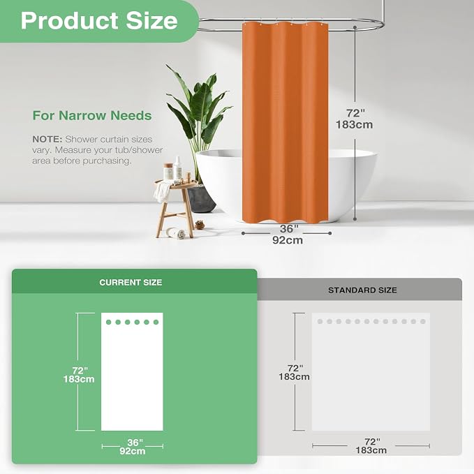 Dynamene Stall Fabric Shower Curtain - 36x72 Waffle Weave Weighted Cloth Shower Curtains for Bathroom, Neutral Heavy Duty Hotel Spa Luxury Bath Curtain Set with 6 Plastic Hooks, Burnt Orange