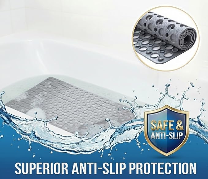 Nonslip Bath Tub Shower Mat with Suction Cups, Extra Soft TPE Bath Mat for Kids, Bathtub Bathroom Mats, Machine Washable, Smooth/Non-Textured Tubs Only, 30L x 17W Inch (Light Gray)