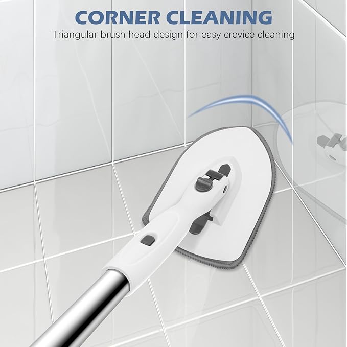 SetSail Floor Scrub Brush, 3-in-1 Tile Tub Floor Scrubber with 52-inch Adjustable Long Handle Shower Cleaner Brush and 3 Detachable Replacement Brush Heads for Cleaning Bathroom Tub Tile, White Grey