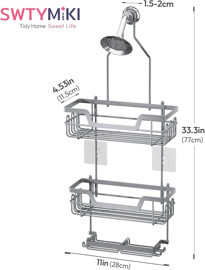 SWTYMIKI Bathroom Shower Caddy Hanging - 3 Tier Rustproof Over Shower Head Organizer, No Drilling Bathroom Shelf with 16 Hooks & Soap Holder, Anti-Swing Rack for Shampoo,Sponge,Towel, Silver, Large