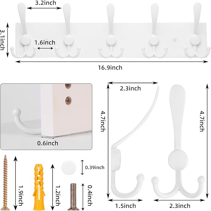 Kuhome 2pcs Coat Rack Wall Mount Coat Hooks Wooden Hat Rack for Wall Hooks Pine Real Wood Plank 16.9" White Coat Hanger with 5 White Triple Hooks for Hanging Coat Hat Jacket