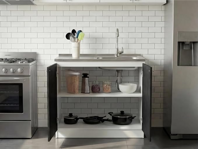 Tuhome Napoles Utility Sink Base Cabinet with Integrated Stainless Steel Countertop, Freestanding Cabinet with Double Doors, Interior Shelf for Laundry Room, Utility Room, Mudroom or Kitchen
