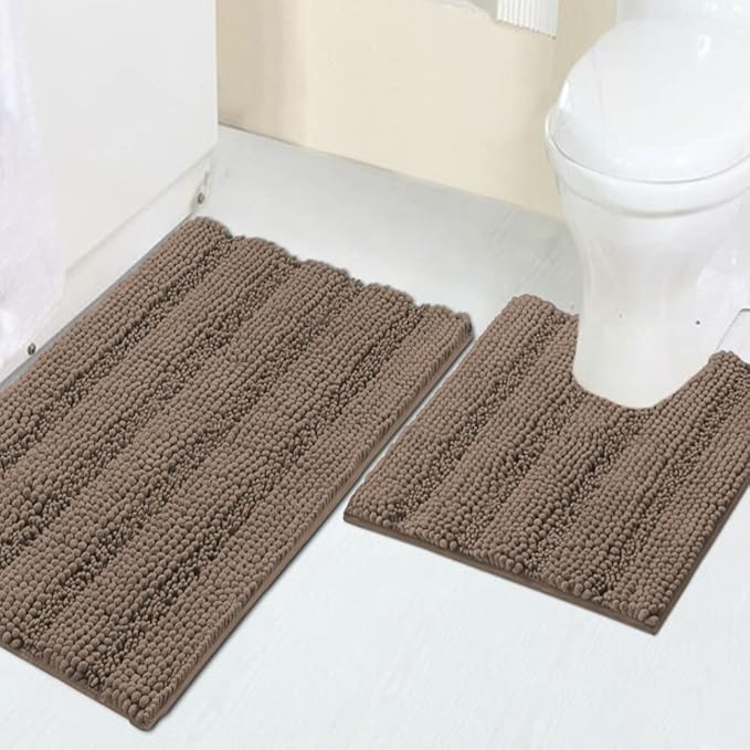 Turquoize Chenille Bath Rugs Shaggy Bathroom Rugs Non Slip Bath Rugs for Bathroom 20 x 32 and 20 x 20U Taupe Brown Bath Rug Extra Soft and Absorbent Area Rug, (20" x 32" and 20" x 20"U), Taupe Brown