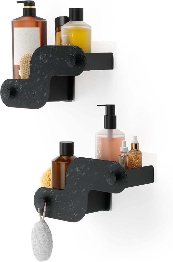 Umbra Nami Shower Caddy Set of 2 – Adhesive Shower Shelf, No Drill Wall Mounted Bathroom Organizer, Rust-Free Plastic Shower Storage Baskets for Shampoo & Toiletries, Ocean Black