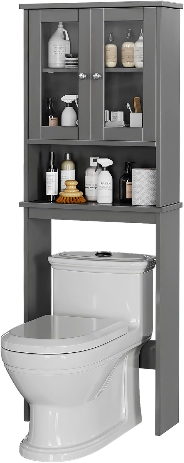 Over the Toilet Storage Cabinet, Bathroom Storage Cabinet Over Toilet, Space Saver with 2 Tempered Glass Doors, Grey