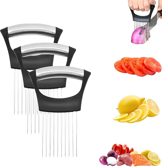 Onion Slice Holder, 2026 New Stainless Steel Onion Slice Holder Lemon Slicer Vegetable Cutter, Multifunctional Chopper Assistant Kitchen Slicer Tool for Fruit, Meat, Tomato, Onion Slicing ﻿ (3pcs)