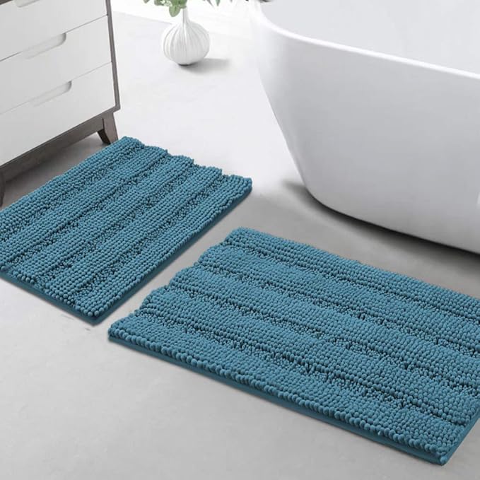 Turquoize Chenille Bath Rugs Shaggy Bathroom Rugs Non Slip Bath Rugs for Bathroom 20 x 32 and 17 x 24 Turquise Bath Rug Extra Soft and Absorbent Area Rug, (20" x 32" and 17" x 24"), Turquise