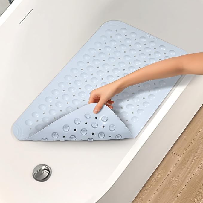 WarmSnow Non Slip Shower Mats for Inside Shower 15 x 27.5 Inch, TPE Bathtub Mat Non-Slip, Bath Mat for Tub with Suction Cups, Drain Holes Bath Tub Mat for Bathroom, Light Gray