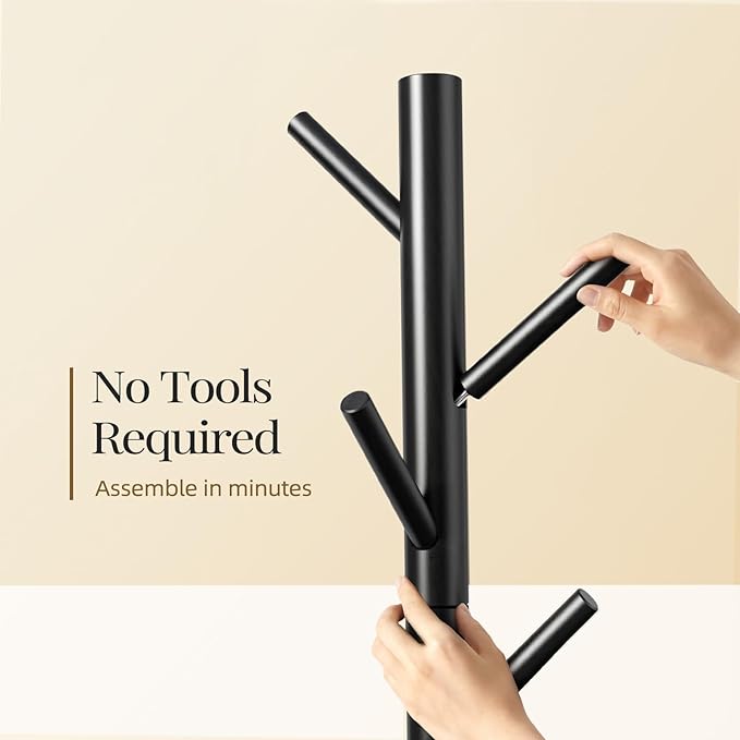 Pipishell Solid Wooden Coat Rack Freestanding, Hall Tree with 8 Hooks, 3 Height Options for Coats, Hats, Handbags, and Scarves, Tool-Free Assembly, Space Saving Design for Entryway, Office, Bedroom
