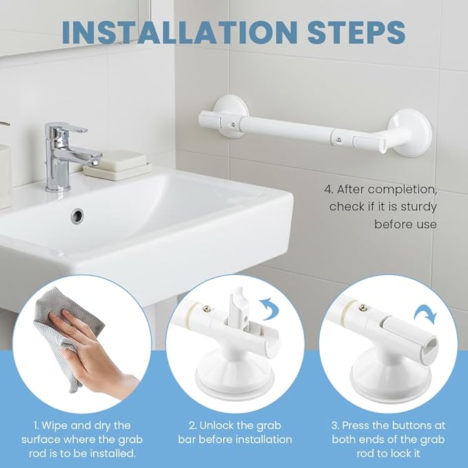 Suction Cup Grab Bar for Shower & Bathtub, 13.78 Inch No Drill Bathroom Safety Handrail, 220lbs Heavy Duty Removable Grab Bar with Glow-in-The-Dark Strip, Anti-Slip Grip