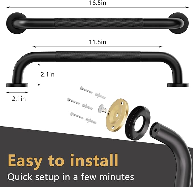 2 Pack Grab Bars for Bathtubs and Showers, NEWRAIN 16 Inch Stainless Steel Wall Bathroom Shower Handle, Anti Slip Black Safety Bars Toilet Handicap Elderly Senior Assist Bath Saft Hand Rail