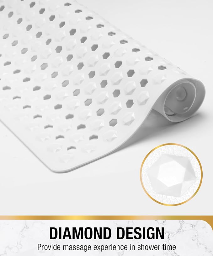 HITSLAM Shower Mat Anti Slip, Square Bath Mat for Tub Non Slip with Suction Cups and Drain Holes, 21x21 Inch Bathroom Shower Stall Floor Mat, Machine Washable, Soft on Feet, White