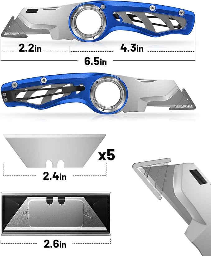 Folding Utility Knife Pocket Knife, Heavy-Duty Box Cutter with Anti Slip Finger Loop, Quick Change Blade Razor Knife, Box Cutters for Home, Office, Warehouse, Durable Razor Knife, Box Knife (Blue)