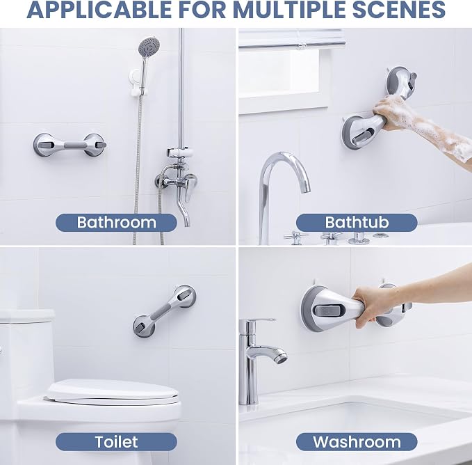 Shower Grab Bar Suction Cup 12 inch, 2 Pack Grab Bars for Bathtubs, Bathroom Safety Grip Shower Handle for Elderly and Seniors, Bath Handrails Removable Waterproof No Drilling Silver