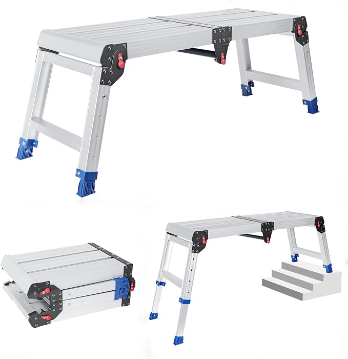 Foldable Aluminum Work Platform, 12.7 lb, Easy-Installation, Capacity of 500 lbs, Non-Slip, Step Stool for Adults with Adjustable Height, Heavy Duty & Portable Step Ladder