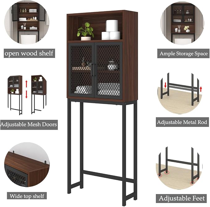 Launica Over the Toilet Storage Cabinet, Over Toilet Bathroom Organizer with Mesh Doors and Shelves, Freestanding Bathroom Storage Cabinet Above Toilet, Wood and Metal, Walnut