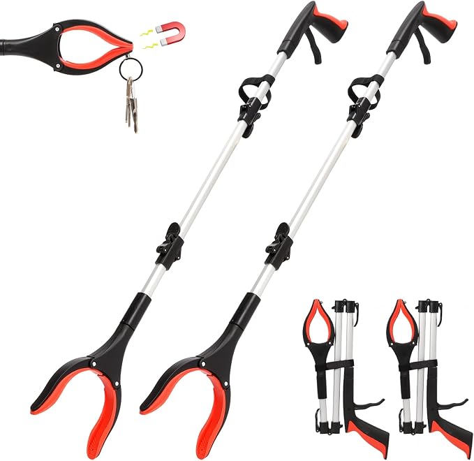 2 Pack Grabber Reacher Tool, 36" Extra Long Heavy Duty Folding Pickup Tool with Magnets & Rotating Jaw - Pickup Tool for Seniors, Mobility Aid, Trash Picker (Orange)