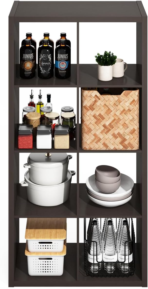Furinno HERMITE Kitchen Island, 8-Cube Coffee Bar, Extra Thick Kitchen Storage, Bakers Rack, for Pantry Organizers and Storage, Kitchen Organization, Black Dark Oak