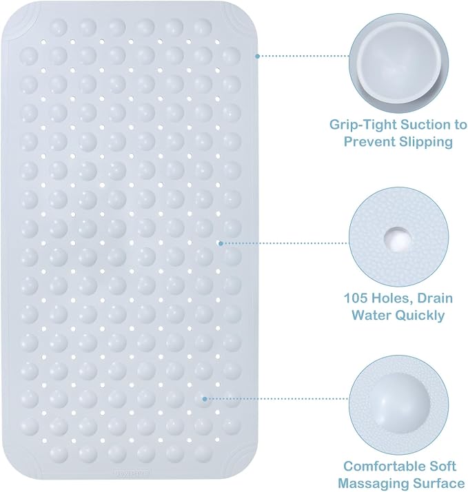 WarmSnow Non Slip Shower Mats for Inside Shower 15 x 27.5 Inch, TPE Bathtub Mat Non-Slip, Bath Mat for Tub with Suction Cups, Drain Holes Bath Tub Mat for Bathroom, Light Gray