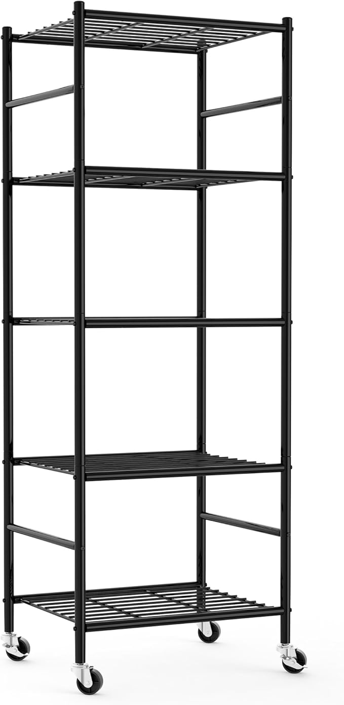 Sakugi Storage Shelves Organizer - 5 Tier Metal Shelf Organizer with Metal Wheels and Adjustable Leveling Feet, Heavy Duty Garage Shelving for Kitchen, Pantry and Closet, 18.1"x12.6"x58.7", Black