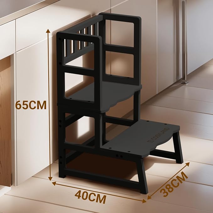 COSYLAND Toddler Step Stool with Armrest – Wooden Helper for Bathroom Sink, Potty, Kitchen, Bedroom – 300 lbs Load Capacity Ladder with Removable Anti-Fall Side Frame – Black