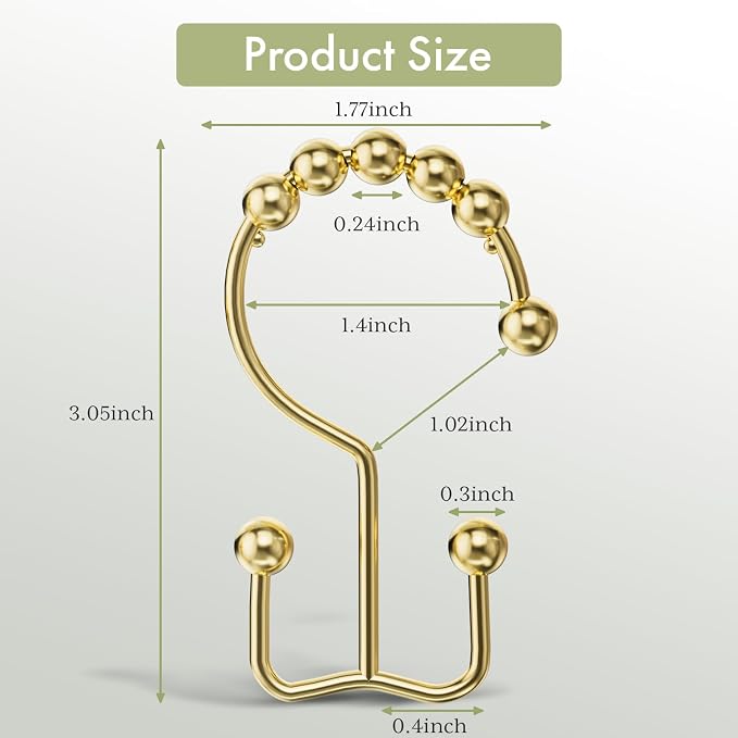 Amazer Gold Shower Curtain Hooks Rings, Stainless Steel Shower Curtain Rings, 12Pcs Double Glide Shower Hooks for Bathroom Shower Curtain Rods Dual Rust-Resistant Shower Rings