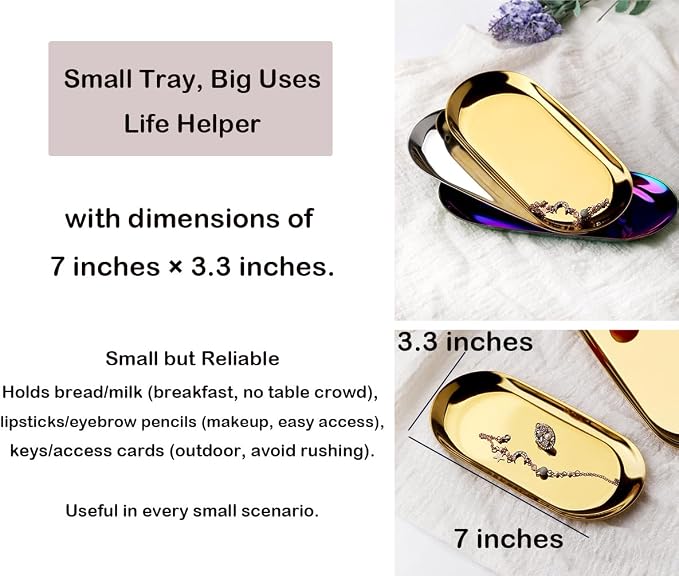 Stainless Steel Decorative Tray, Set of 2, 7 Inch Long, Jewelry Dish Cosmetics Organizer Bathroom Clutter Serving Platter Small Storage Tray, Oval, Gold