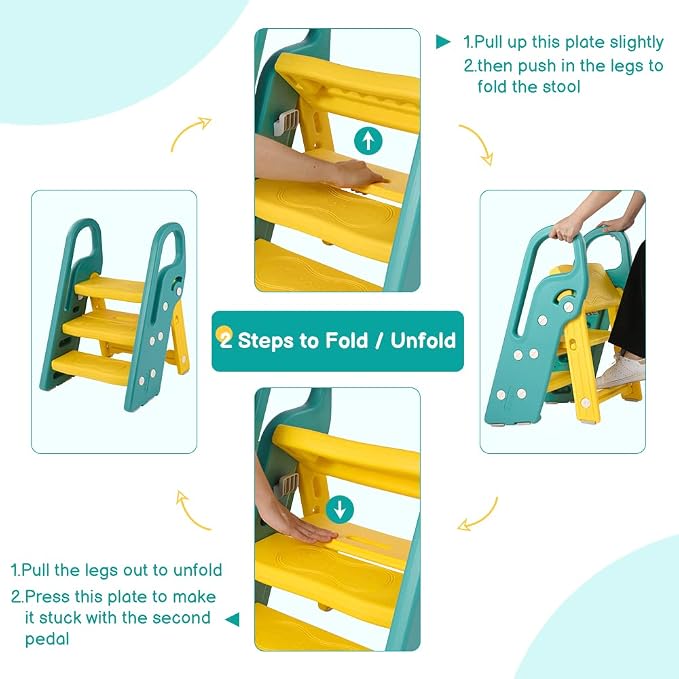 Onasti Foldable Toddler Step Stool for Bathroom Sink, Adjustable 3 Step Stool for Kids Toilet Potty Training Stool with Handles, Child Kitchen Counter Stool Helper, Plastic Ladder for Toddlers Green