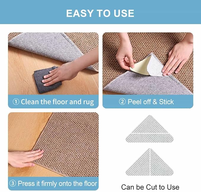Rug Pads Gripper, Anti Slip Carpet Grippers for Vinyl Floors, Area Rug Pad Grippers Extra Sticky on Tile, Non-Slip Rug Pads Stopper for Hardwood Floor Rug Tape Stickers 12x12cm 4 Pieces