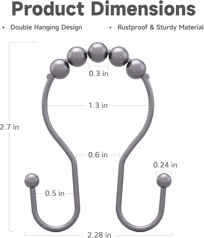 Bathway Shower Curtain Hooks, Shower Curtain Rings Rust Proof Double Hook Shower Curtain Hooks, 12 Pcs Grey Shower Hooks for Shower Curtain, Shower Rings for Curtain, Metal Shower Rod Hooks